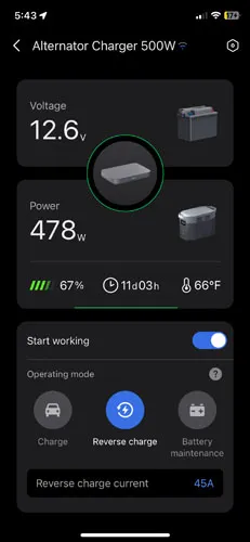 Screenshot of 500W alternator charger with XT150 cable in reverse charge mode in EcoFlow app