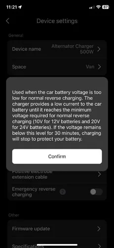 Screenshot explaining emergency reverse charge mode in EcoFlow app